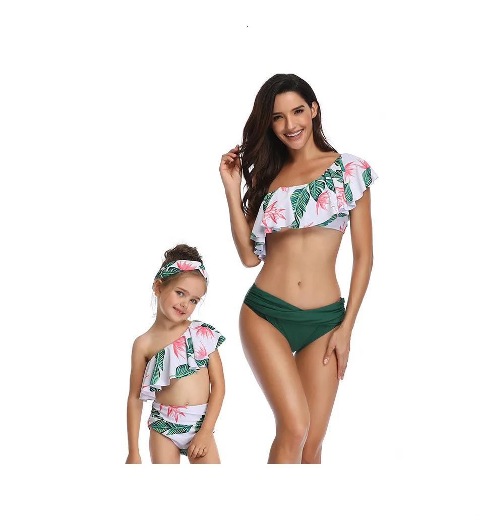 Mother Daughter matching Swimsuits Printing piece double lotus leaf Parent-Child Swimwear Family Matching Swimsuit Outfits - Color: 3