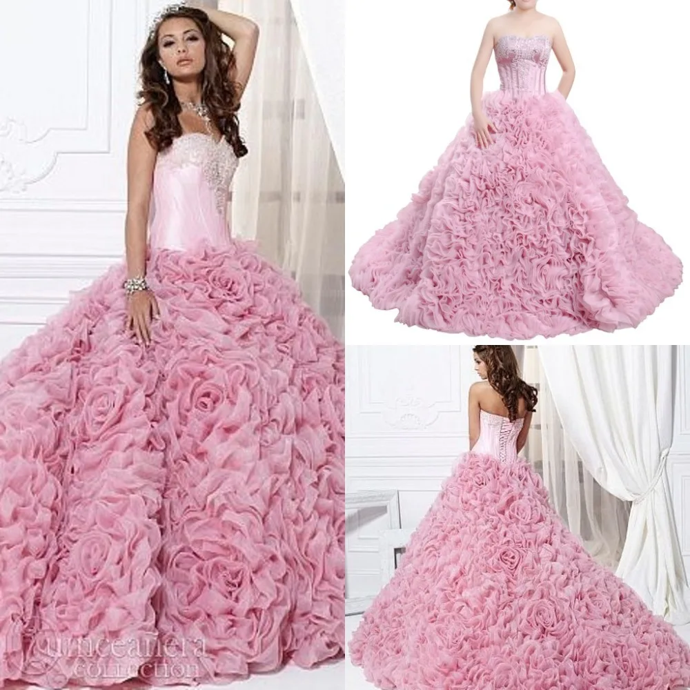 Роскошные Ruched складки Quinceanera платье бальное розовый реальные фото Vestidos