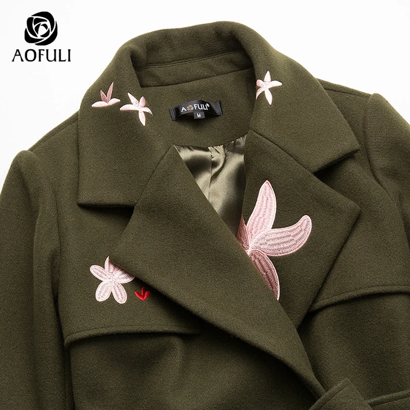 AOFULI M XXXL Женское шерстяное пальто с вышивкой X long поясом Зимняя мода двубортное