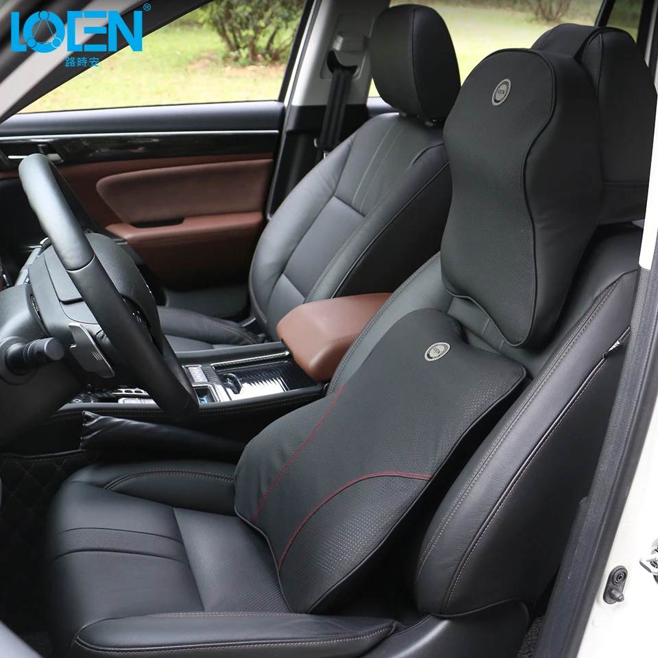 

LOEN 1 SET PU Leather Memory Foam Auto Car Seat Cushion Lumbar Back Waist Support + Neck Headrest Pillow Black for Universal Car