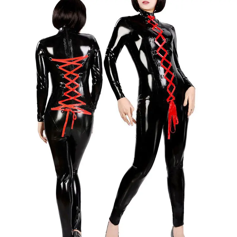 Сексуальный ПВХ zentai комбинезон женский черный Клубная одежда Красный lacd up боди