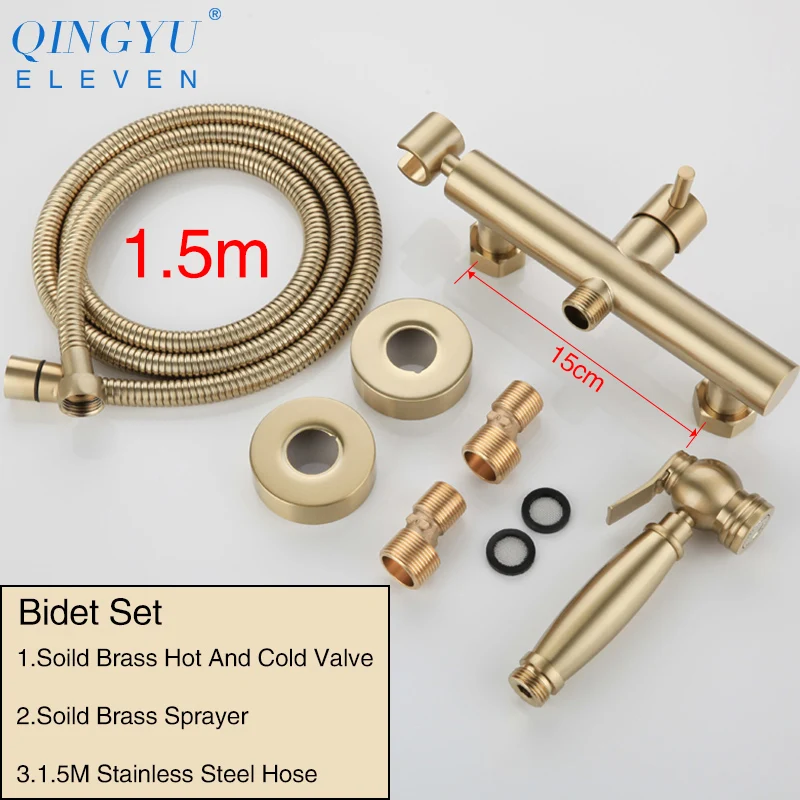 

QINGYU ELEVEN brushed soild brass toilet bidet sprayer set Hot and cold water mixer hygienic hand gold bidet shower set