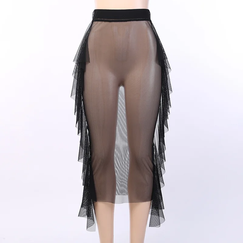 BOOFEENAA Sexy Black Mesh Ruffles Long Skirt Beach Bottoms See Through High Waist Pencil Skirts Womens Summer C66-AZ30