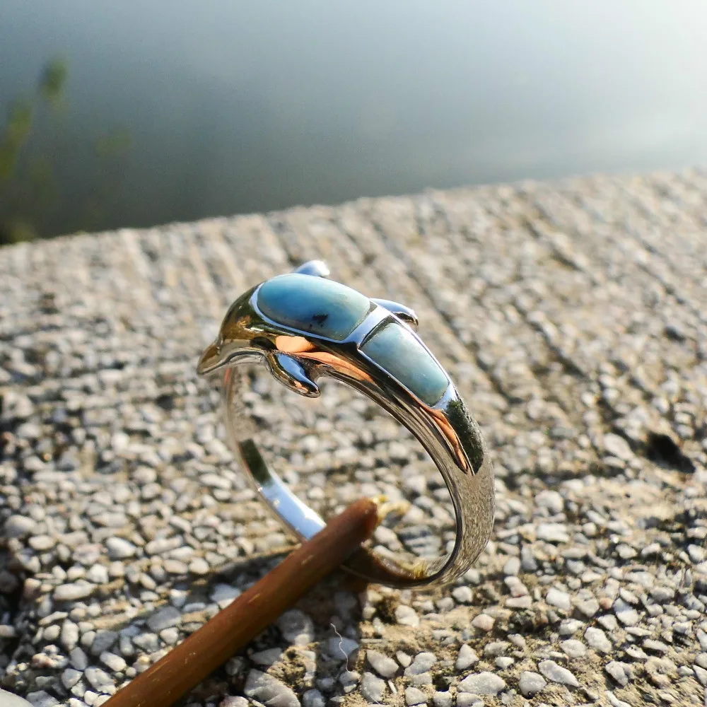 100% 925 пробы Серебряная коллекция морских животных натуральный Larimar кольцо с