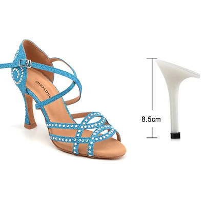 Blue 8.5cm SHOYDANC со стразами Обувь для танцев Латинской черный/синий/золото/серебро ткань для вспышки Salsa Обувь для танцев женские бальные Обувь для танцев - Цвет: Blue 8.5cm