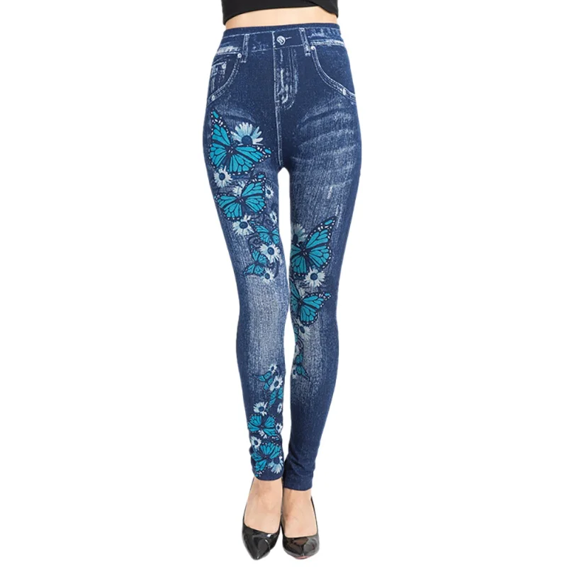 H Women's Sexy Floral Jeans Jeggings High Waist Stretch Denim Print Leggings with Pocket - Цвет: H
