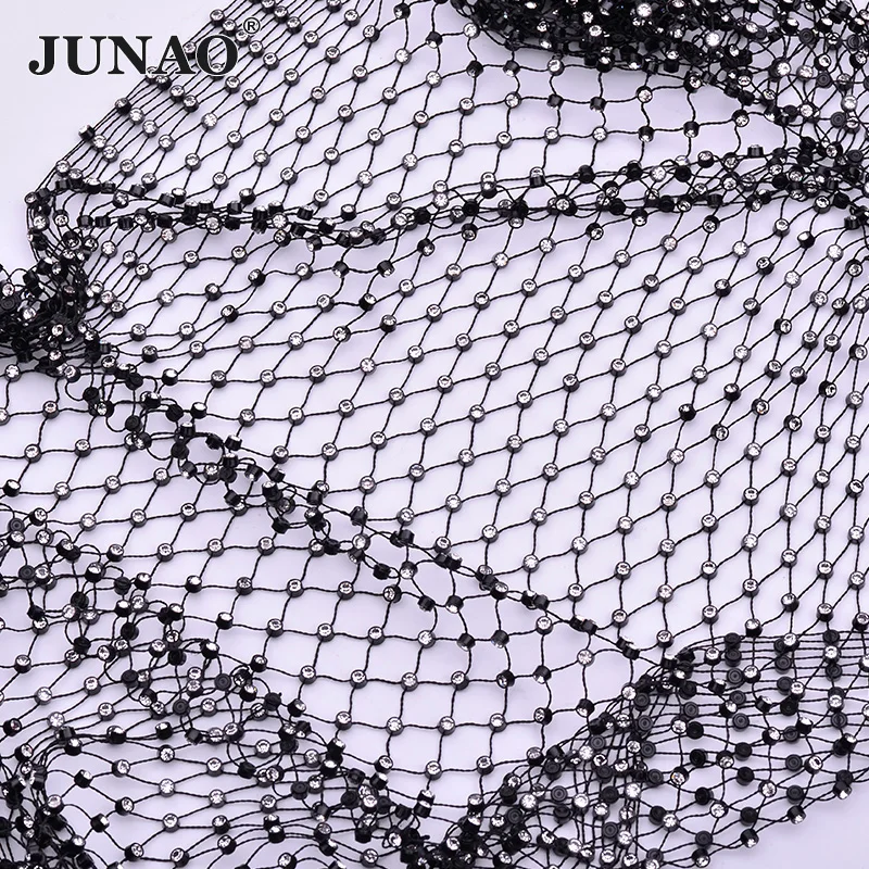 JUNAO эластичная черная ткань с прозрачными кристаллами длина 1 метр 36 рядов|Стразы|