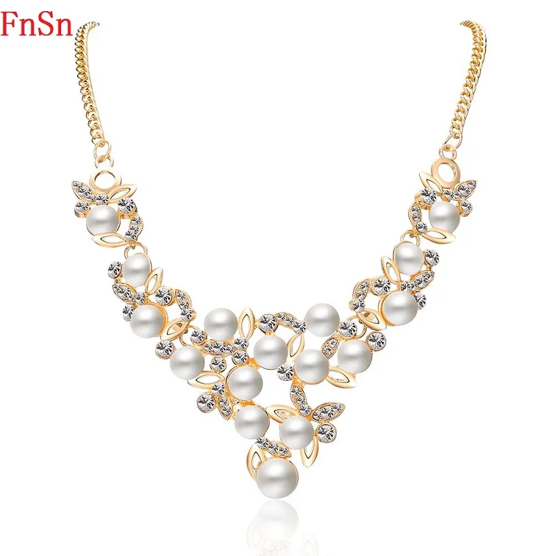 

FnSn New 2017 Hot Summer Necklace Flower Shape Choker Collar Zinc Alloy Pearl Crystal Women Gift Fashion Jewelry Wholesale N106