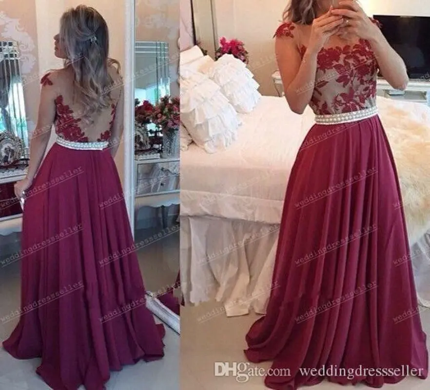 2017 Dresses Burgundy Chiffon Sheer Neck Prom Party Pearls Backless Lace EveningGowns Custom Made Evening DR19 | Свадьбы и торжества