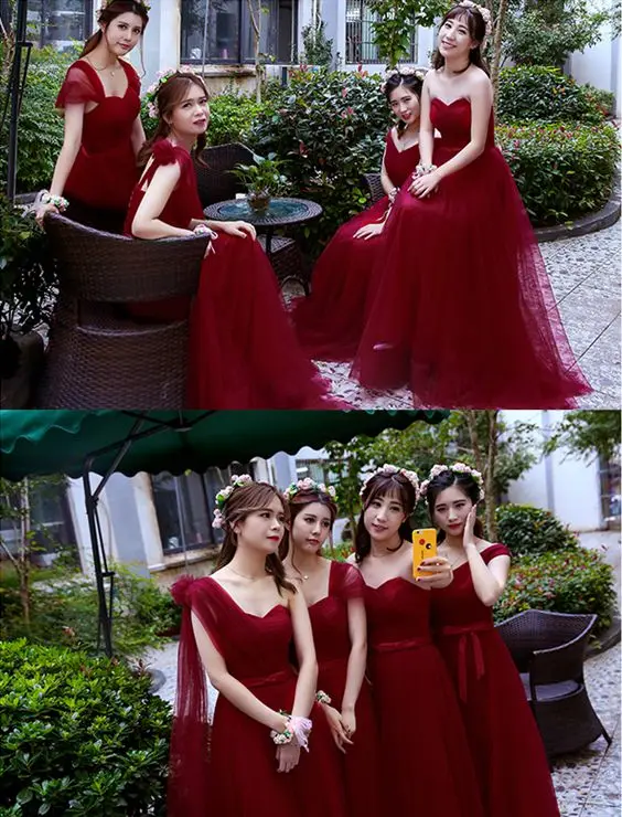Халат de demoiselles d honneur pour mariage новые сексуальные v шеи cap рукавом линия Бургундия нарядные платья длинные дешевые Junior платье
