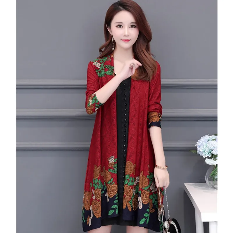 red UHYTGF Autumn trench coat Womens fashion folk-custom printing Cardigan shawl thin outerwear Long sleeve loose plus size coats 83 - Цвет: red