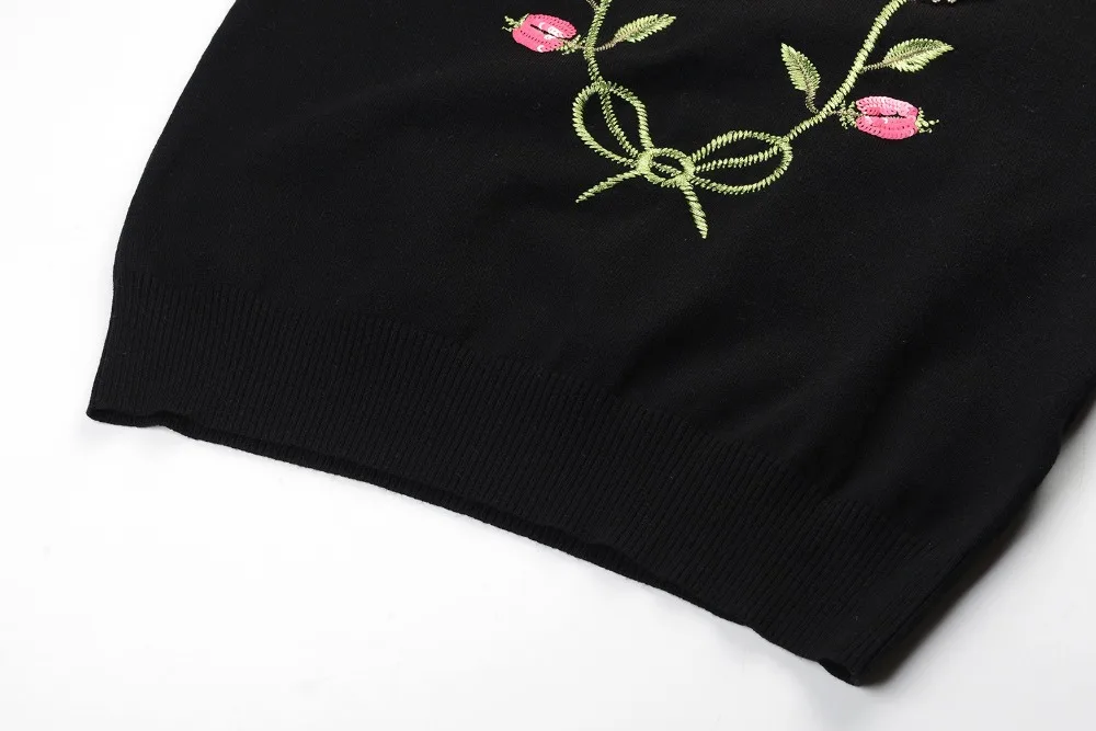 Fashion Runway 2020 Winter Women's Sweaters Embroidery Sequins Diamonds Flower Pullovers Female Knitted Tops Black Thin Clothing | Женская