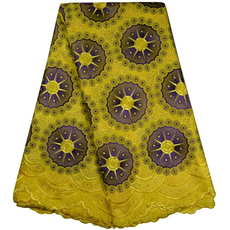 Желтая хлопковая швейцарская кружевная ткань с ушками и камнями мягкая вышитая