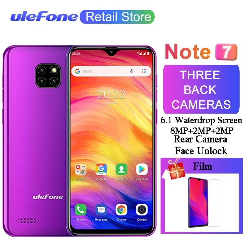 Ulefone Note 7, смартфон, экран в виде капли воды, 6,1 дюймов, 19:9, четырехъядерный процессор, 16 Гб ПЗУ, 3500 мАч, Face ID, три тыловые камеры, Android 9,0