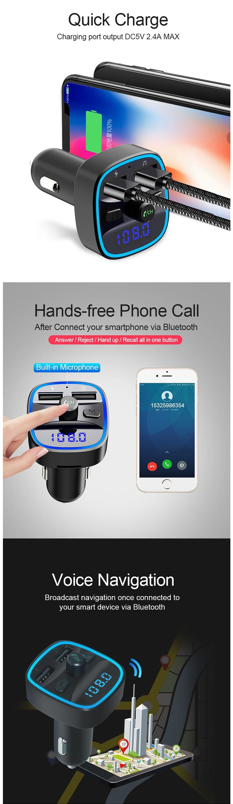 Двойное USB быстрое зарядное устройство Автомобильный mp3 плеер Bluetooth FM модулятор передатчик аудио автомобильный музыкальный дисплей Громкая связь вызов авто аксессуары