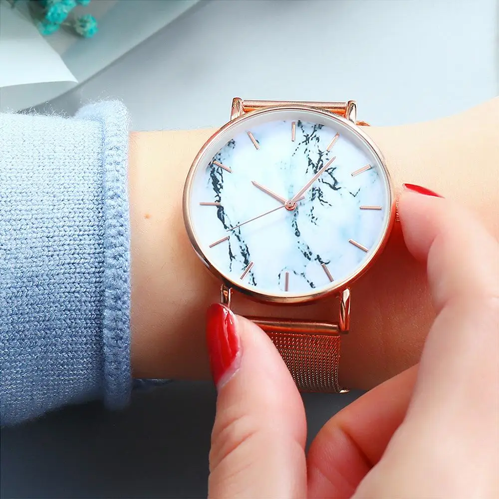 

Fashion Women Watches Marble Crack Pattern Dial Luxury Rose Gold Slim Mesh Quartz Ladies Watch Simple Female Clock reloj mujer