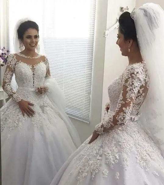 Robe De Mariage Иллюзия длинный рукав аппликации бальное платье Свадебные платья 2019