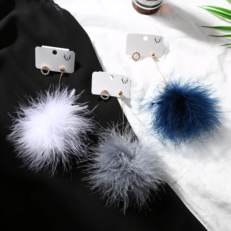 Colorful Feather Mink fur Pom Ball Earrings for Women Fashion Crystal Round Circle Long Chain Asymmetric Jewelry | Украшения и