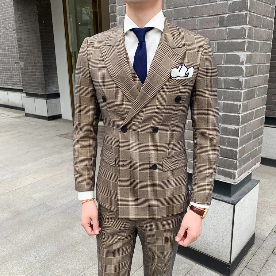 Хаки светильник синий Клетчатый костюм для Для мужчин Slim Fit s двубортный жениха