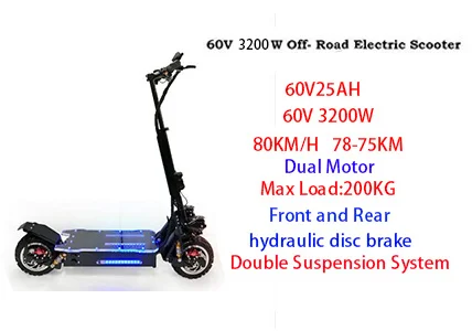 3200W 60V25AH 60V3200W мощный Электрический скутер 80 км/ч внедорожный скейтборд Лонгборд взрослый Электрический самокат складной профессиональный e скутер - Цвет: 3200W 60V25AH