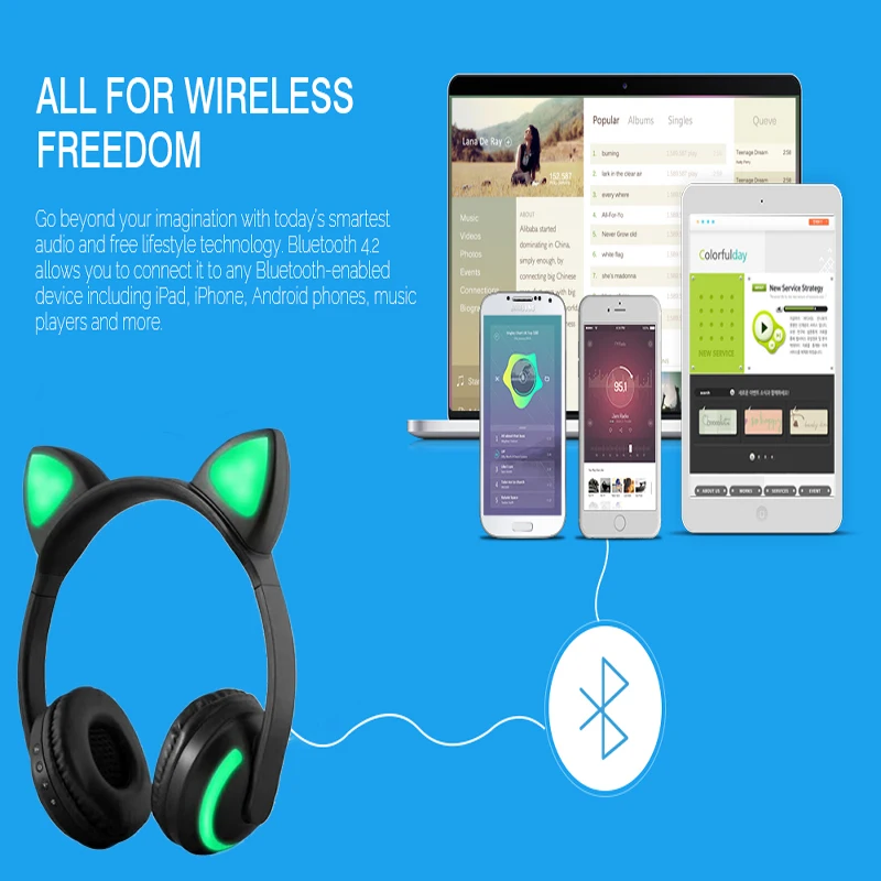 JINSERTA Cat/Rabbit/Deer/Devil наушники для ушей, 7 цветов, светодиодный, мигающий, светящийся, гарнитура для ушей, беспроводные, косплей, BT наушники для детей