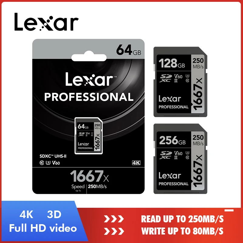 Оптом и продажи, оригинальные Lexar читать 250 МБ/с. 1667x SD Card 64 Гб 128 256 SDXC UHS-II U3 флэш-карта памяти для 3D 4K цифровой Камера
