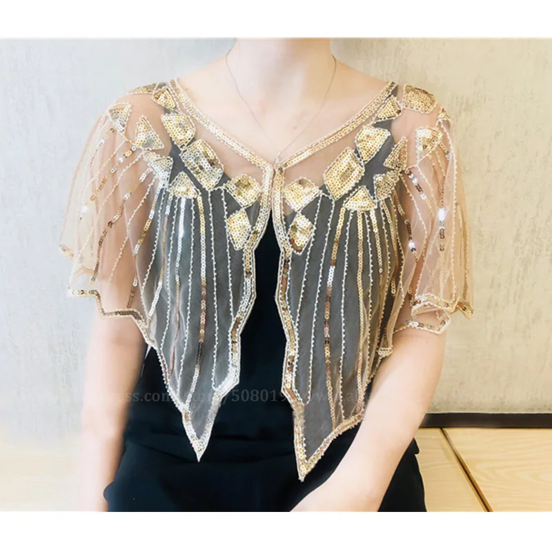 champagne shawl Женская винтажная накидка с блестками и бусинами, вечернее платье, женская Пляжная накидка, Солнцезащитная Короткая шаль, пальто, лето, 20 s - Цвет: champagne shawl