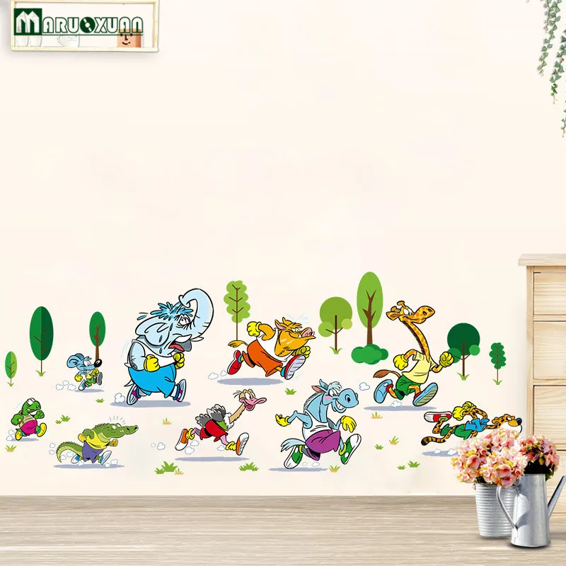 Maruoxuan Animals Marathon Cartoon Stickers Children's Room Living Bedroom Background Decorative PVC Wall | Дом и сад