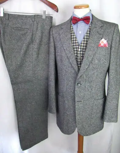 Dark Gray Tweed 3 Pcs Suit Wool Fit Slim Jacket Vest Pants 40 42 44 46 48 Custom | Мужская одежда