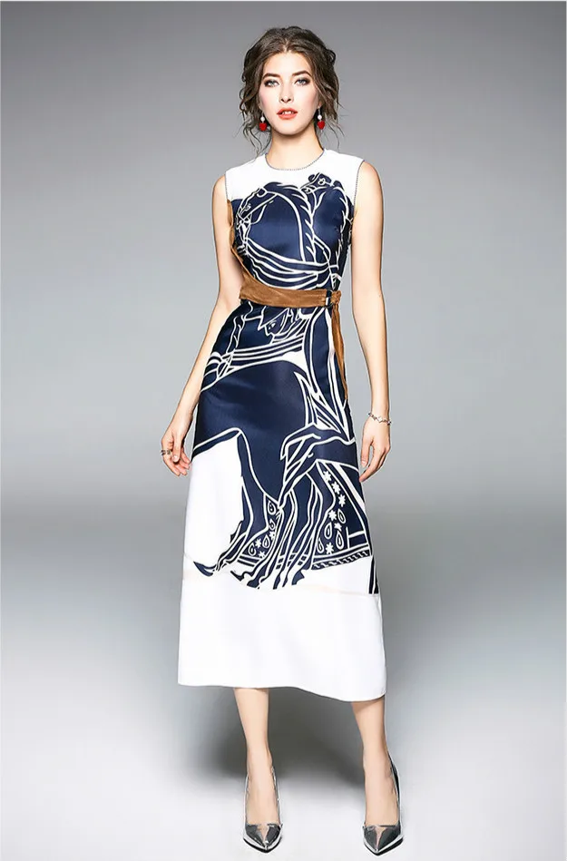 

2018 Spring Womens Dress Elegant Sleeveless Printed Vestidos Slim Ladies Work Casual Dresses with Waist