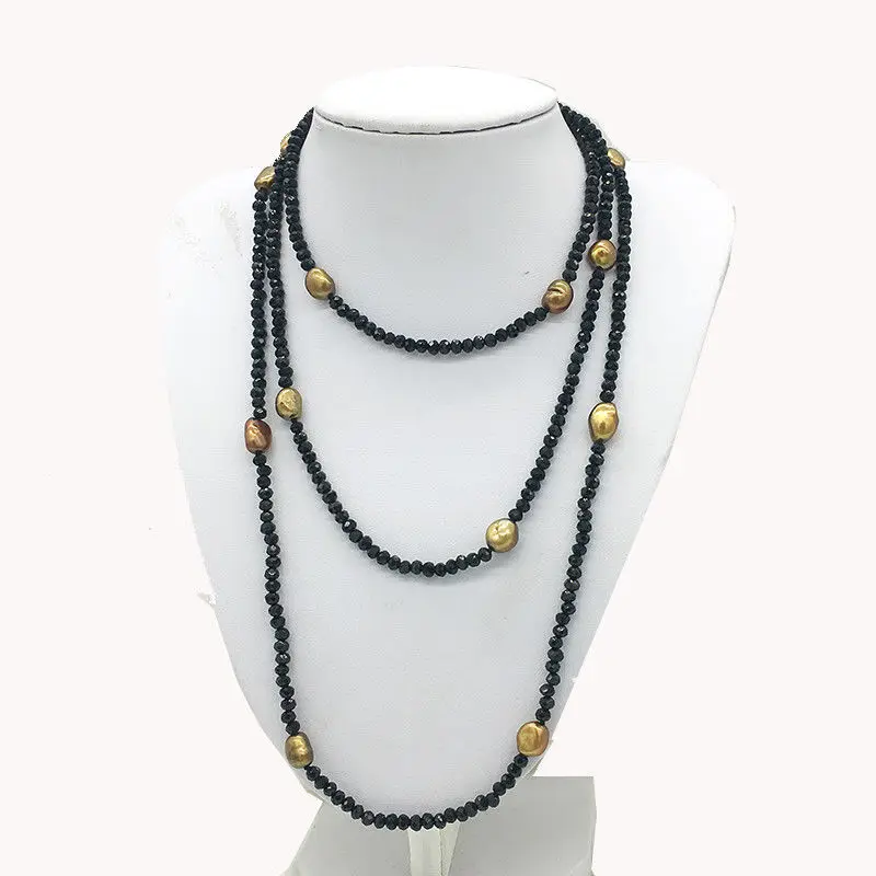 LJHMYString черное ожерелье с блестящим коричневым пресноводным жемчугом длинное 50