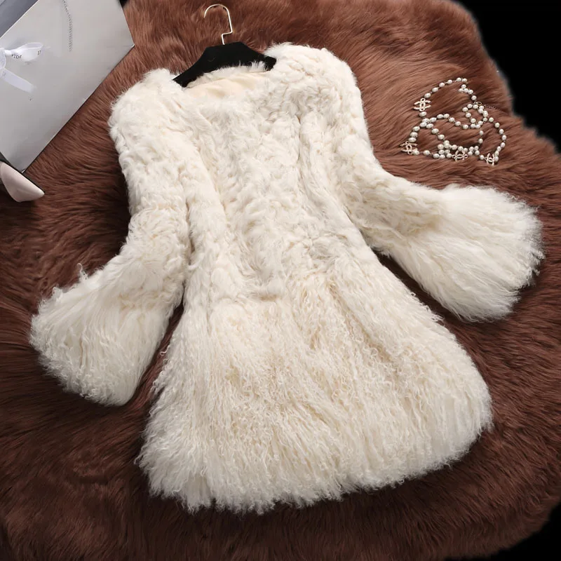 Beige Rf0093 зимняя модная женская шуба из натурального меха ягненка с монгольским овечьим мехом, меховая куртка из натурального овечьего меха - Цвет: Beige