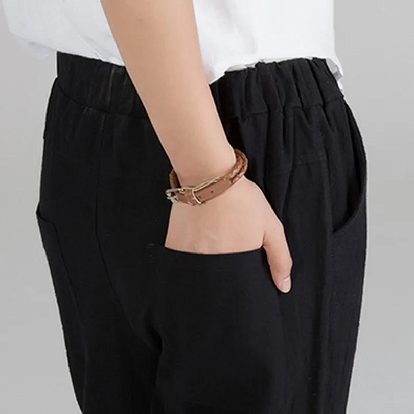 Женские льняные брюки с эластичной резинкой на талии однотонные большие размеры