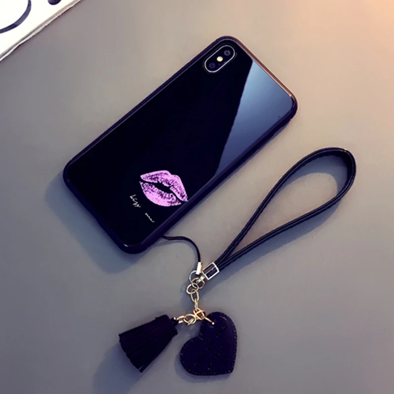BONVAN чехол для iPhone X XR XS Max 7 case закаленное стекло Жесткий Чехол губы печати кисточкой шнурки чехол на айфон 6 6S 7 8 плюс случай защиты чехлы на телефон