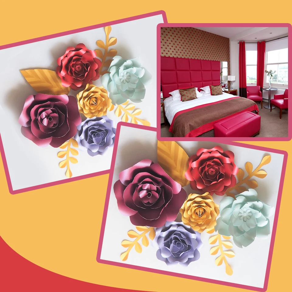 DIY гигантские бумажные цветы фон искусственные розы ручной работы 5 шт. + листья 4