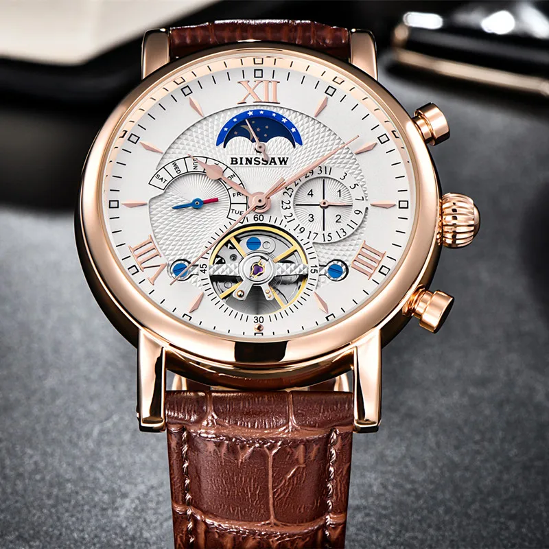 BINSSAW мужские новые автоматические механические Tourbillon часы модные бизнес кожа