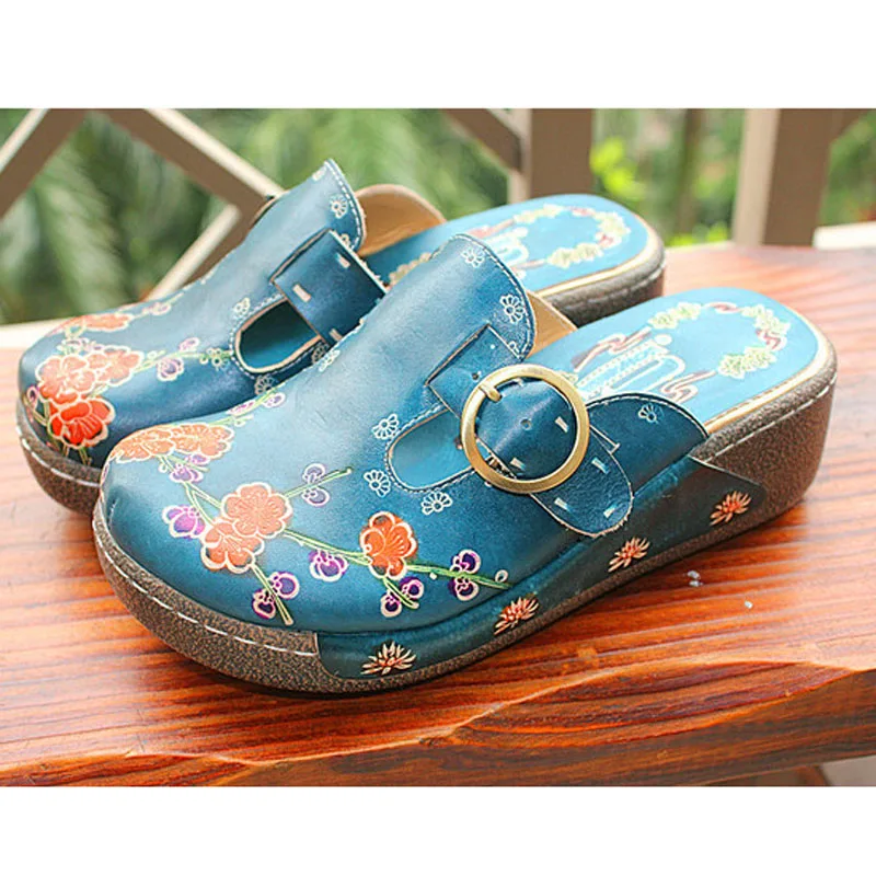 2019 summer new leather cowhide thick bottom flat sandals national candy color ladies home sponge cake slippers | Обувь
