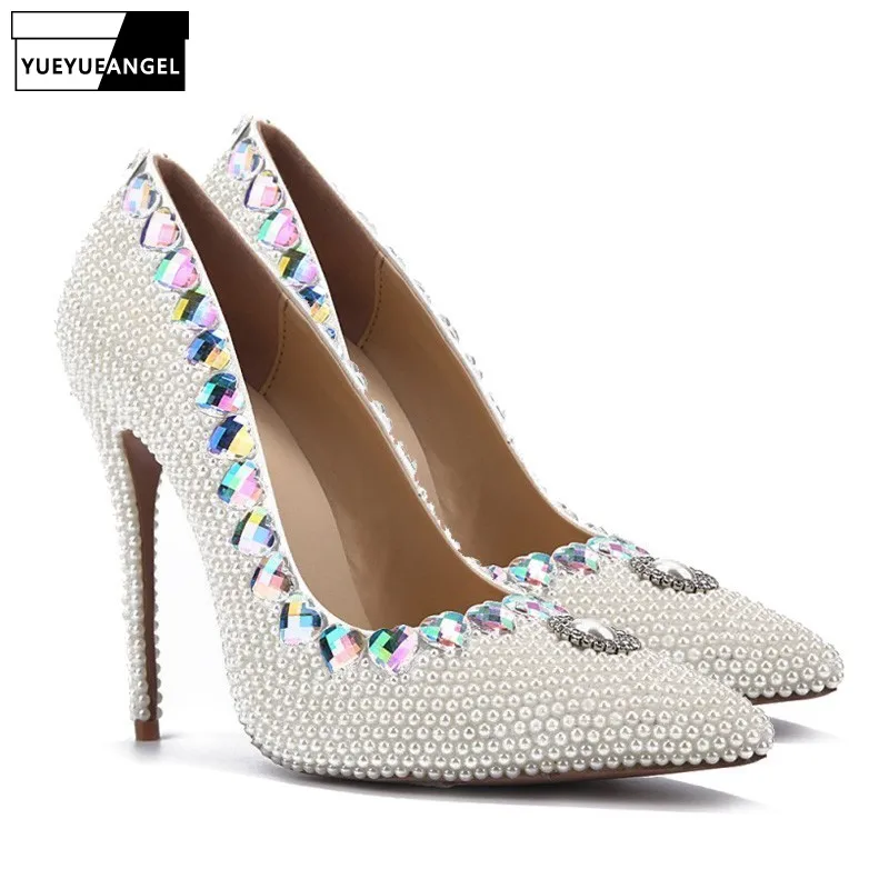 New Women Dress Shoes Heart Shaped Crystal Decoration Bead Pumps Slip On For Pointed Toe Nightclub Wedding High Heel | Обувь