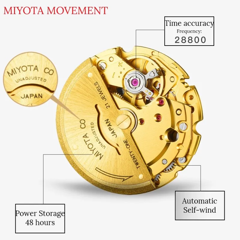 Мужские автоматические часы MIYOTA Move роскошные полностью Золотые механические с