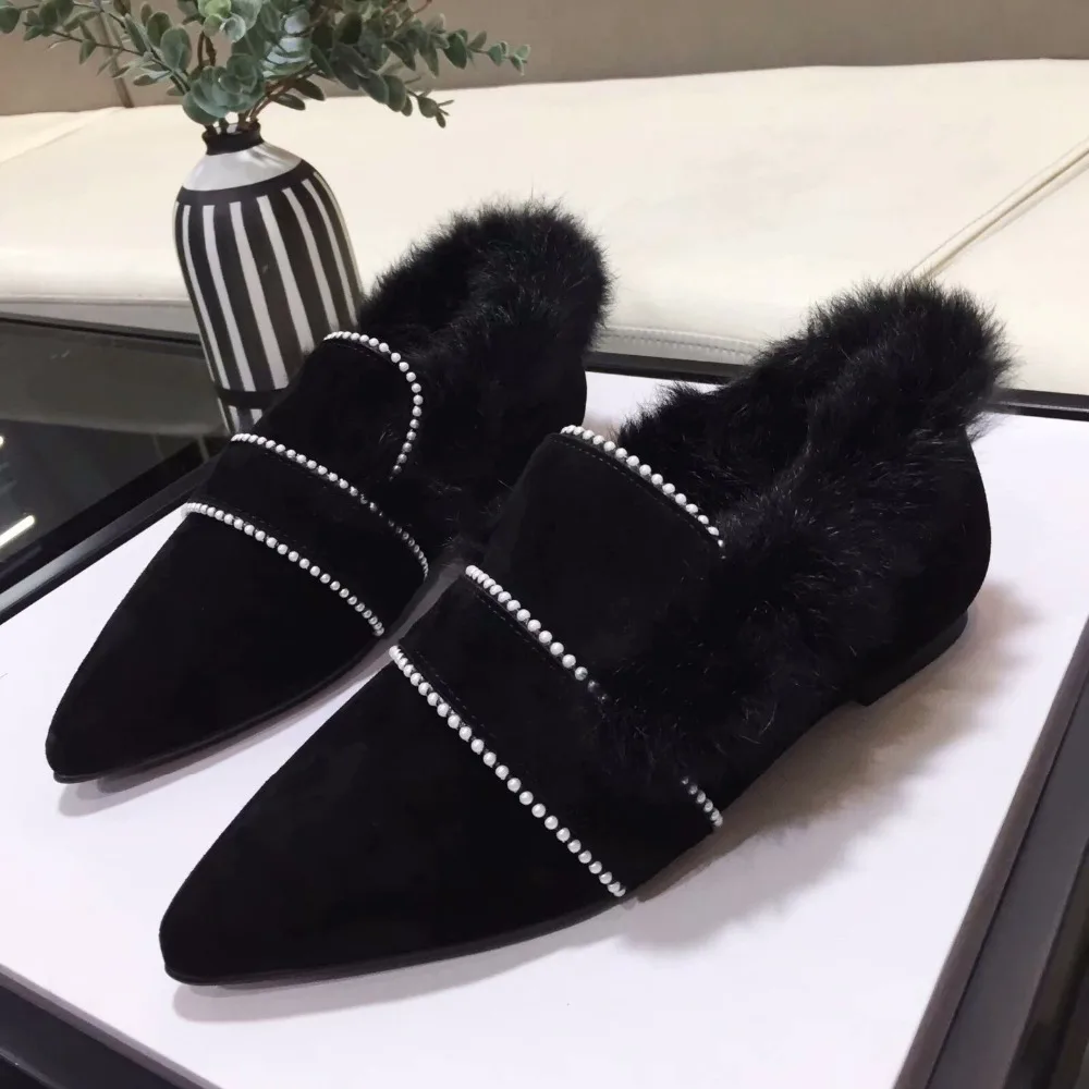 Kmeioo 2019 зимние теплые туфли острый носок без каблуков Мех животных женские лоферы