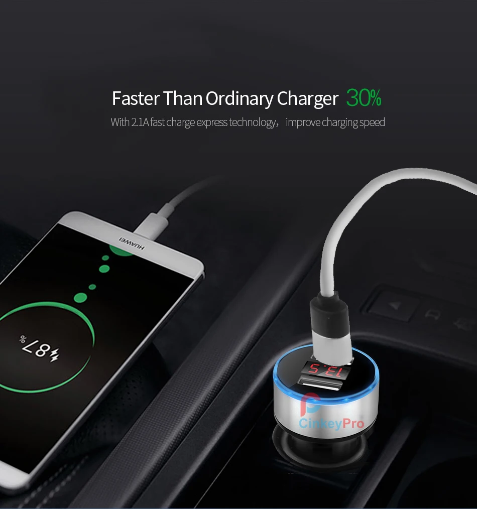 CinkeyPro автомобильное Зарядное устройство светодиодный Экран 2-Порты USB Зарядное устройство 2.1A автомобиля-Зарядное устройство мобильного телефона, Универсальные наушники для iPhone samsung зарядки