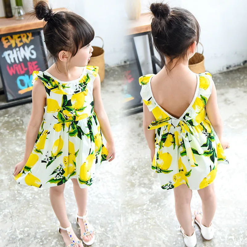 Летние платья для маленьких девочек без рукавов с лимонным узором лето 2018 одежда