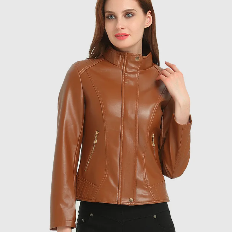 Chaquetas de Cuero Mujer Для женщин кожаная куртка новинка 2017 года Повседневное с круглым