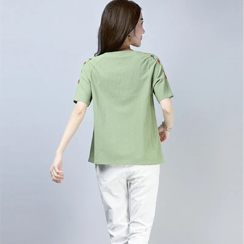 Button V-Neck Summer Tshirt Short Sleeve Retro Embroidery Flowers T-Shirt Loose Breathable Cotton Linen Tops Women Clothing | Женская