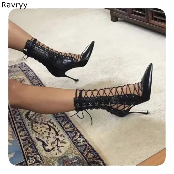 Murah Mode Musim Panas Renda Wanita Sandal Cut Out Pendek Hitam Sandal Sepatu Cross Terikat Seksi Pompa Tipis Tumit Wanita Pesta Sepatu