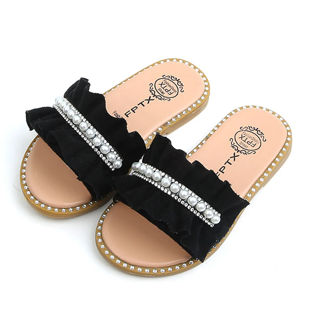 Kids Sandals Toddler Baby Girls Sandals Pearls Crystal Ruffles Princess Shoes Slippers Comfortable Casual Summer Shoes