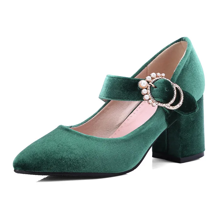Green Meotina/туфли Mary Jane; женские Вечерние туфли на высоком квадратном каблуке с пряжкой; модные туфли-лодочки с острым носком; женские зеленые туфли; большой размер 43 - Color: Green