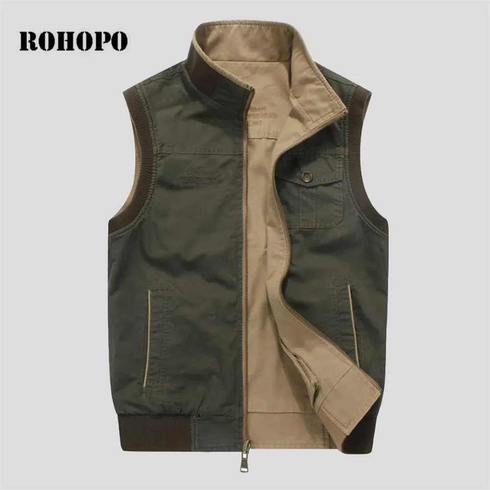 ROHOPO 6XL/7XL/8XL плюс размер Чистый хлопок военный жилет человек двухсторонний 100%