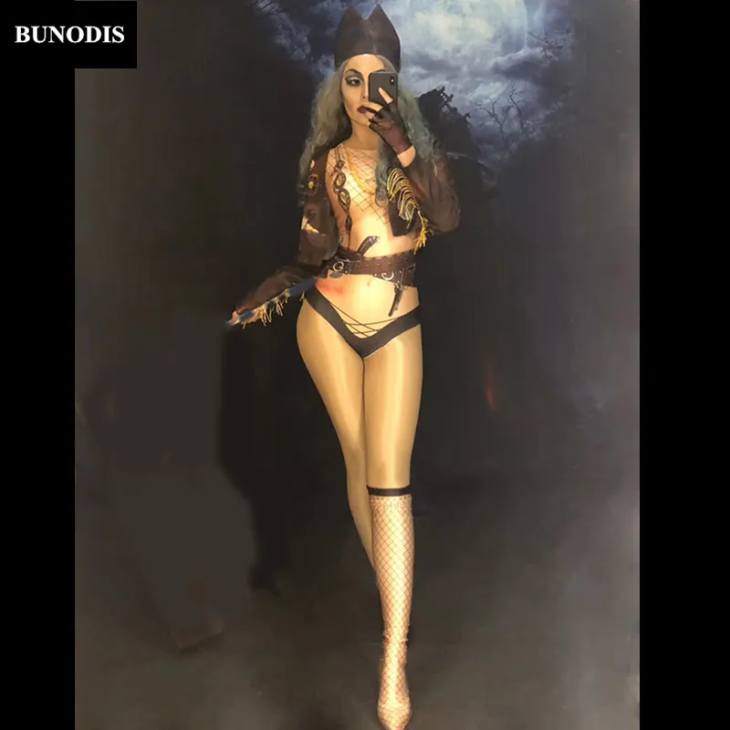 ZD364 Hallowmas Clothed Women Pirate Sexy Bodysuit 3D Printed Nightclub Party Stage Wear Dancer Singer Show Time Clothing