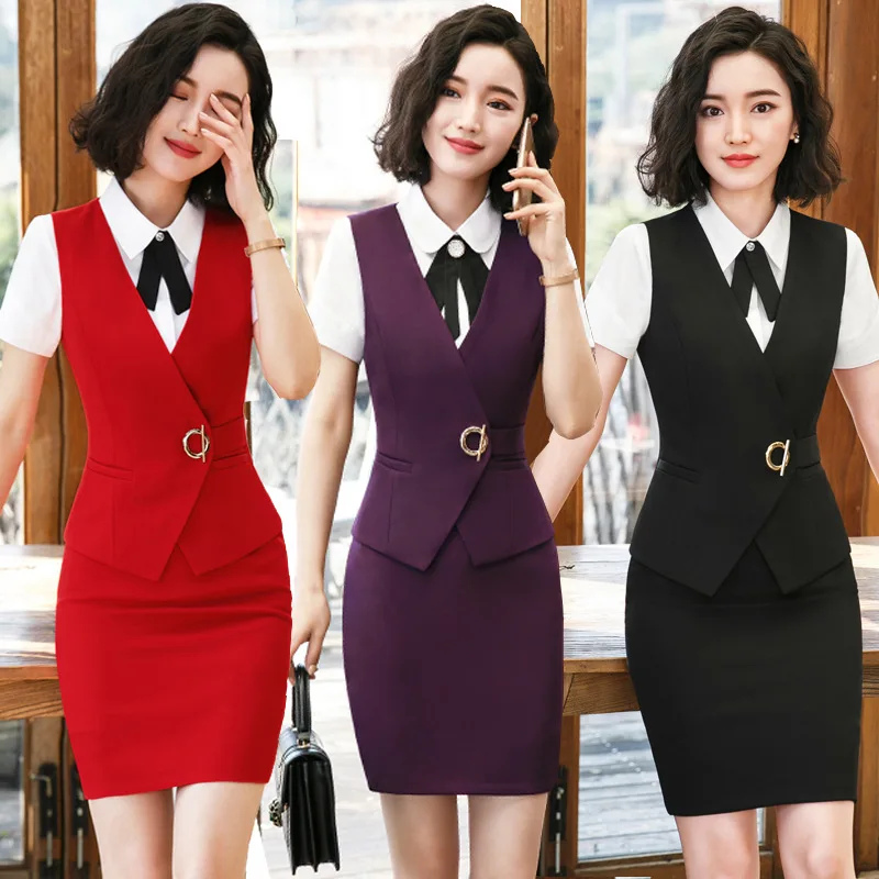 

IZICFLY New Style Summer Business Suit Skirt And Tops Vest Waistcoat Office Uniform Formal Skirt Suits For Women Work Wear Red